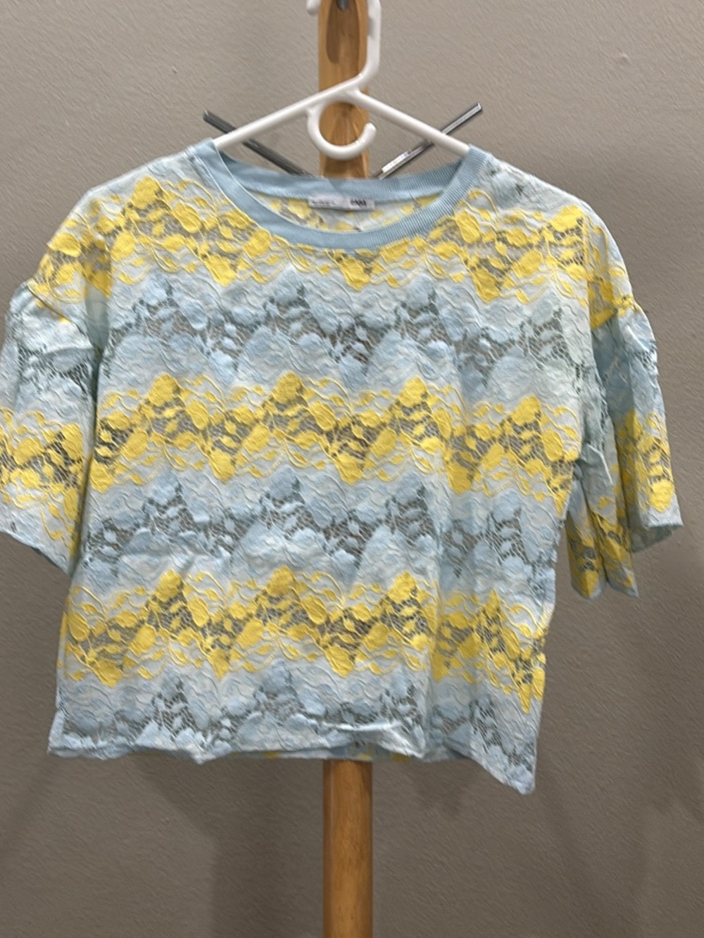 Zara Light Blue Crop Top with Yellow Lace Stripes
